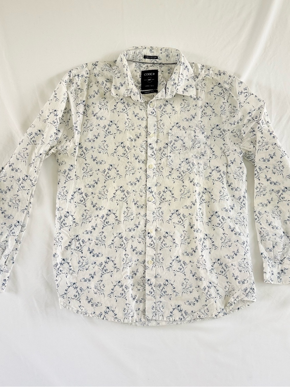 Code Linen Cotton Blend Button Down Shirt Mens L White Blue Summer